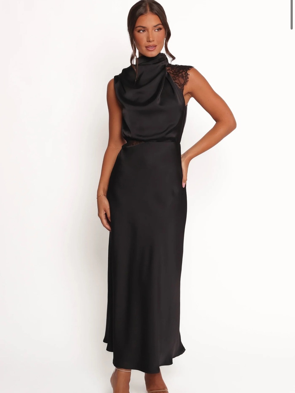 Petal & Pup Black Satin Lace-Trim Midi Dress
